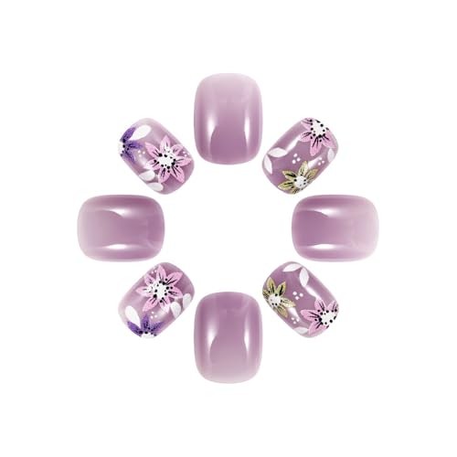 Purple Press on Nails Fake Nails with Yellow Short Square Yellow Pink Purple