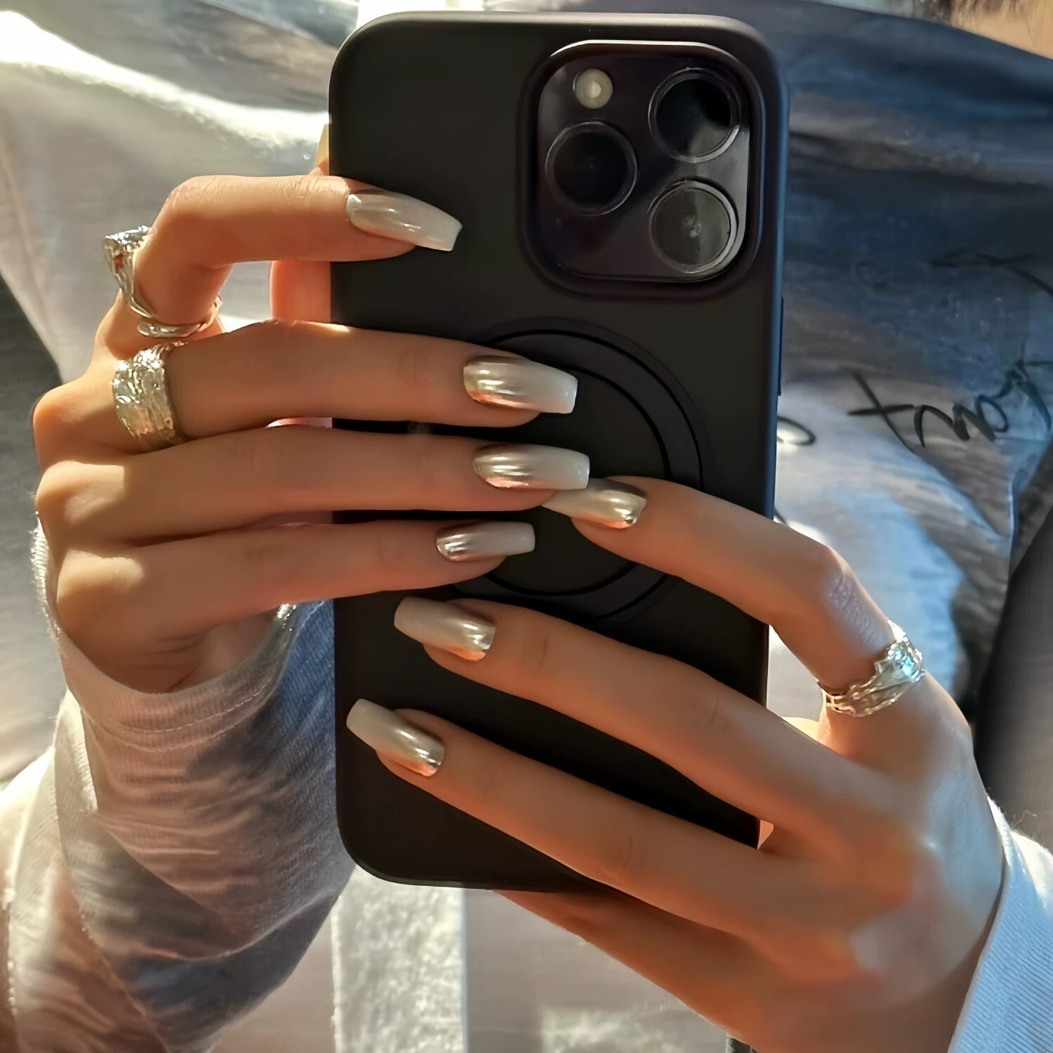 10pcs Handmade Magic Mirror Silver-White Press on Nails, Medium Square, S/M/L