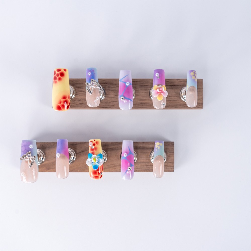 Handmade Press On Nails High Quality Rainbow Gradient Floral Long Coffin Nails