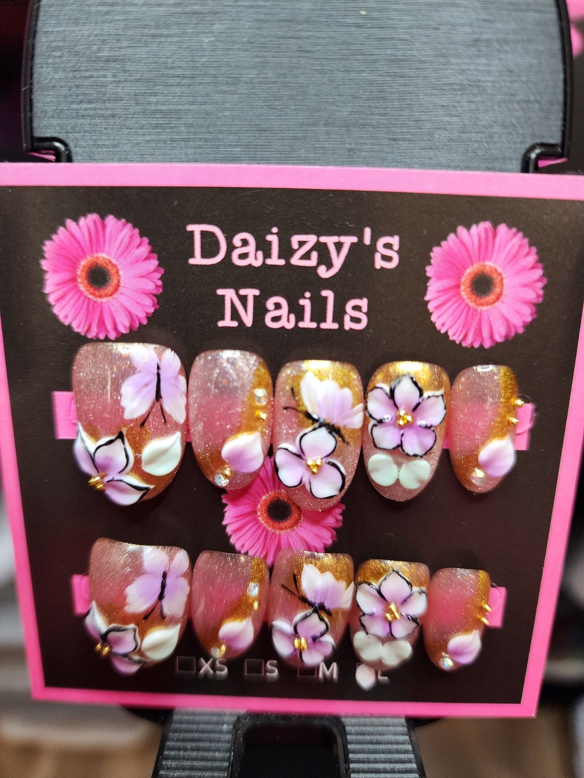 Large Size Press-on Nail 10Pc Set Handmade Oval Purple 3D Flower 2.0 Cm Length
