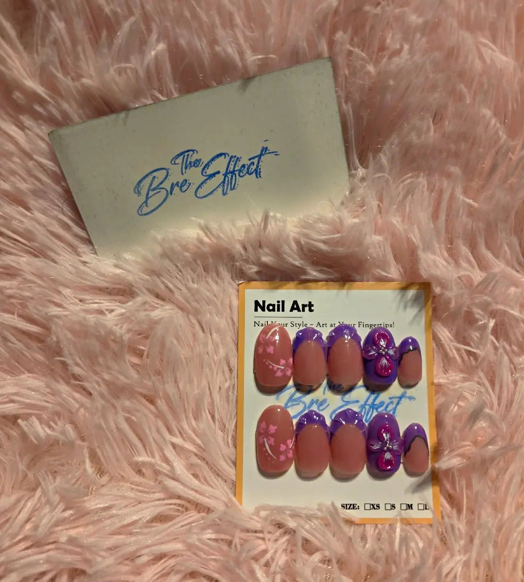 The Bre Effect Press-On Nails Pink Purple Flowers French 3D Pre-Designed. Size M