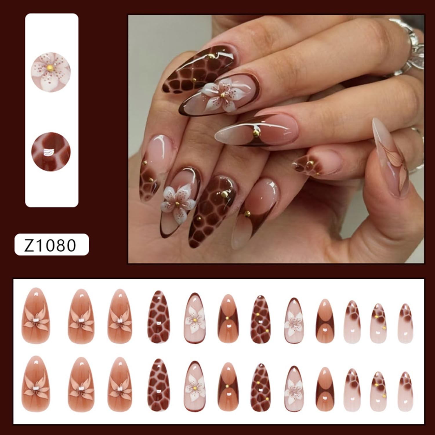 Flower Press on Nails Medium Artificial Almond Acrylic Medium, Multicolor