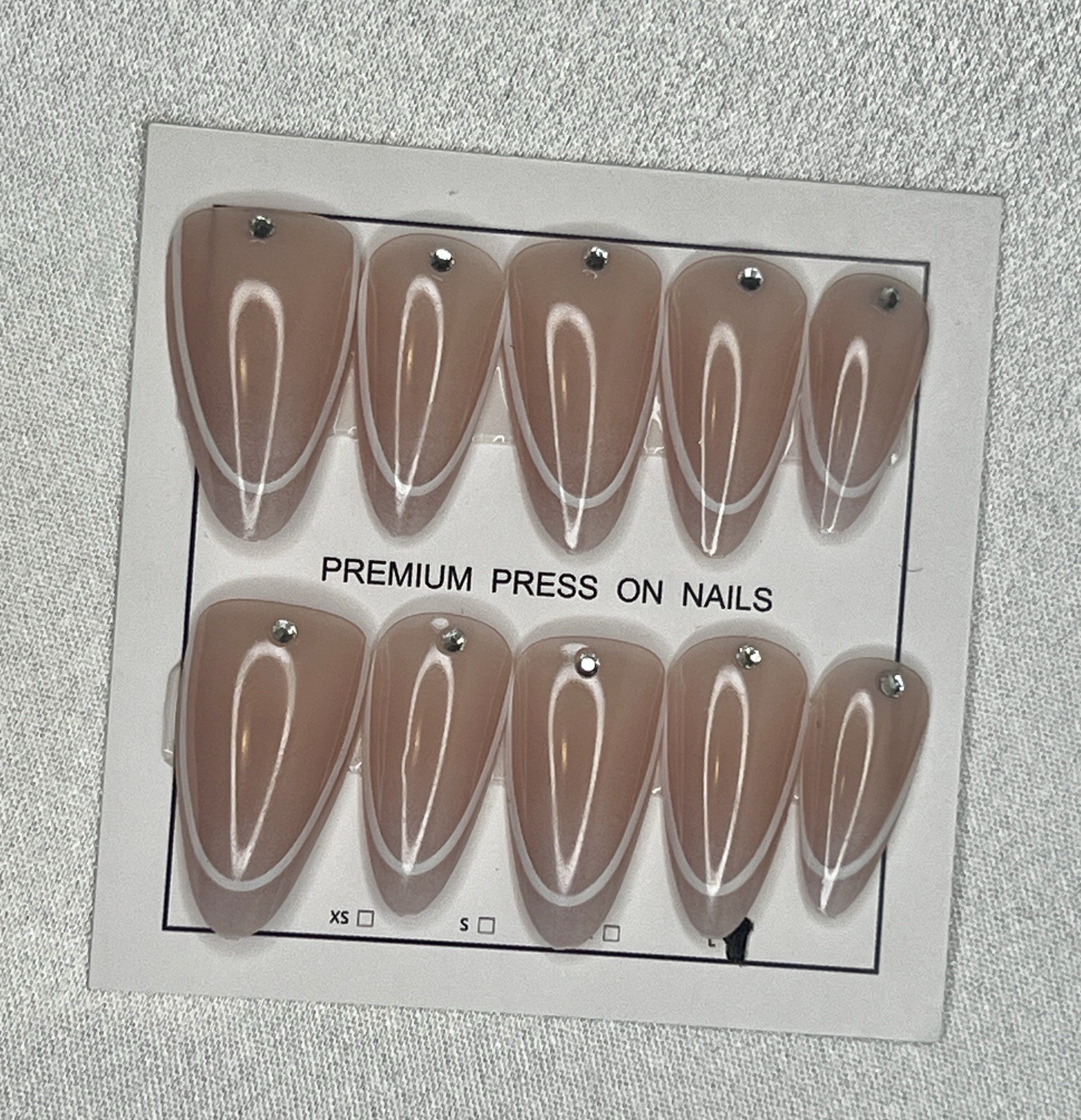 French Stiletto Press-On Nails, Beige White, Rhinestone 3D Shiny Full Cover