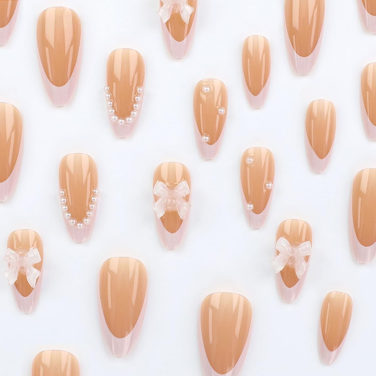 White French Tip Press on Nails Medium Almond Fake Nails with 3D Bow Pearl De…