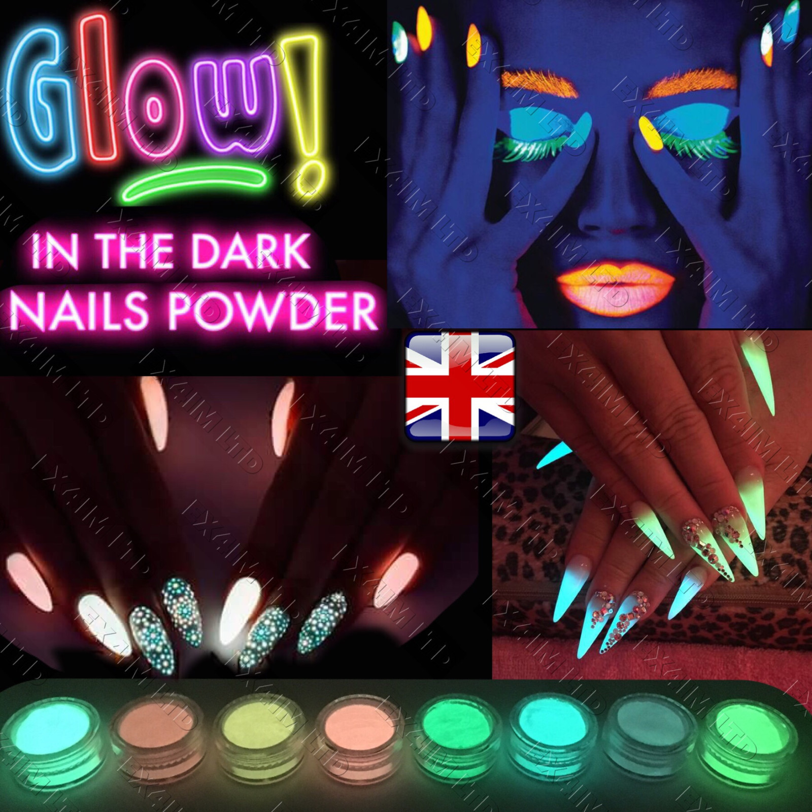 Glitter, Chrome, Pigment, Nail Powder GLOW IN THE DARK silver Crafting