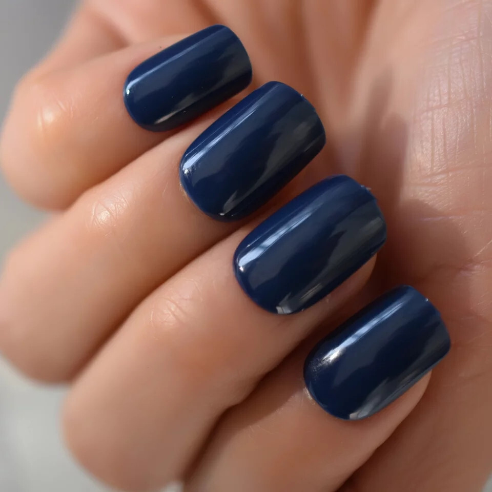 24 Short Press on nail kit w/ glue Dark Blue Navy Gel glossy