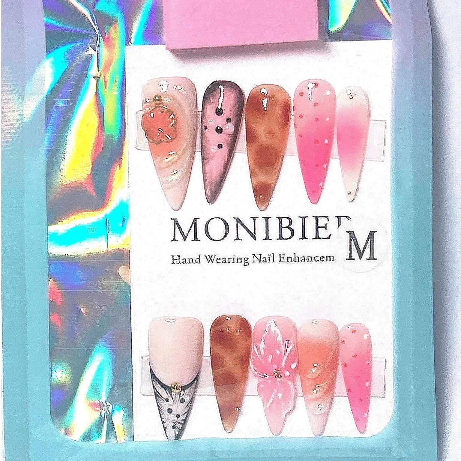 MONIBIER Pink Brown Animal Print Floral Press On Nails Coffin Medium