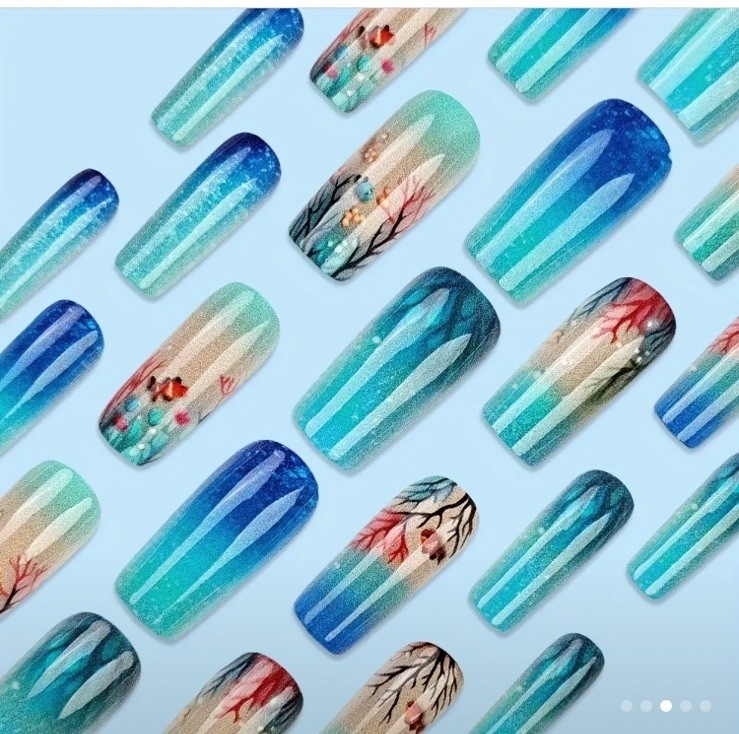 Blue Ocean Reef Glittery Nail Tips 24pcs Finished Boxed With Glue & Tabs Nails