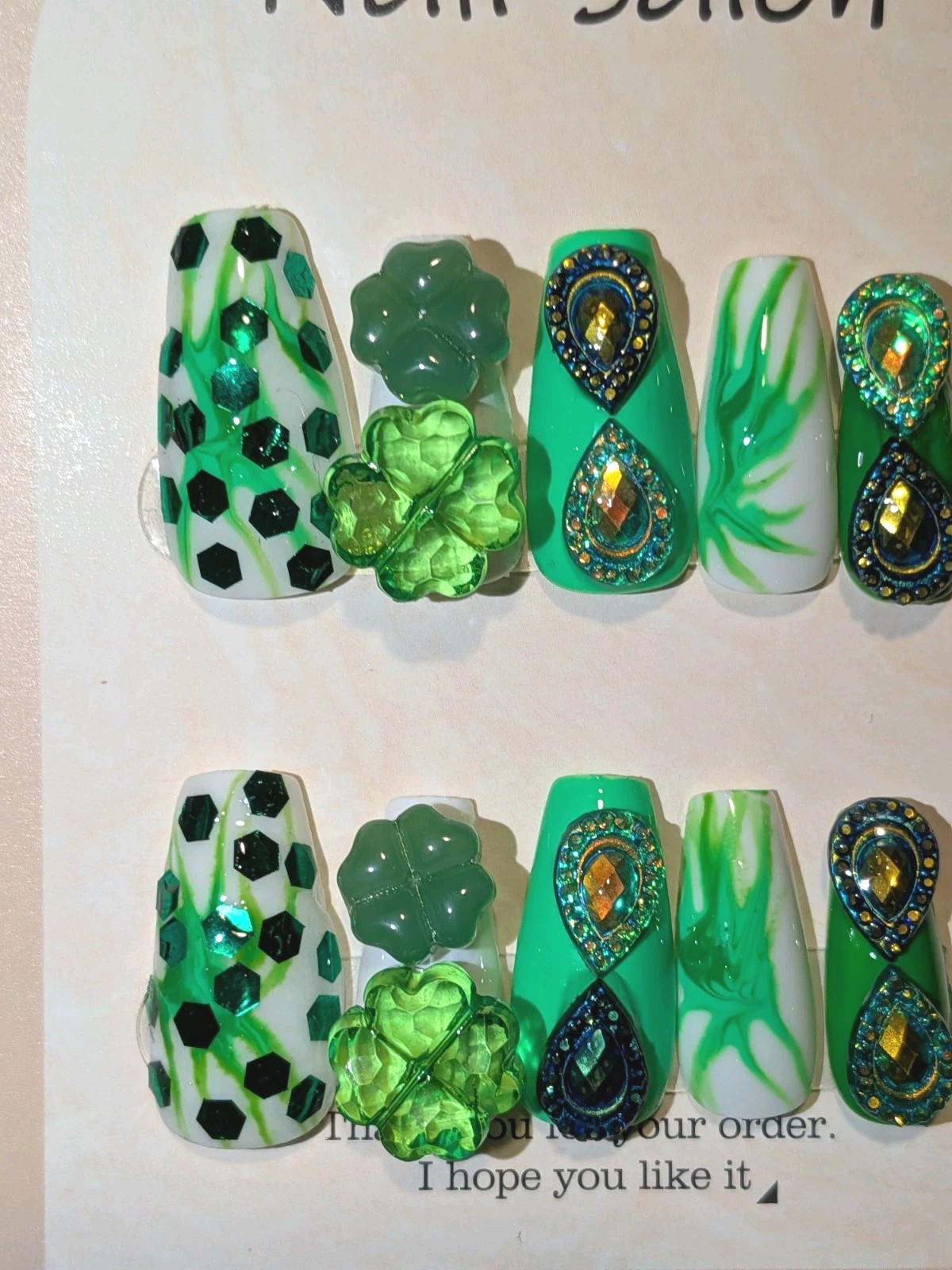 Hand Crafted St Patty Short Nail Set with Quality Glowing Gem Accents Sz LARGE