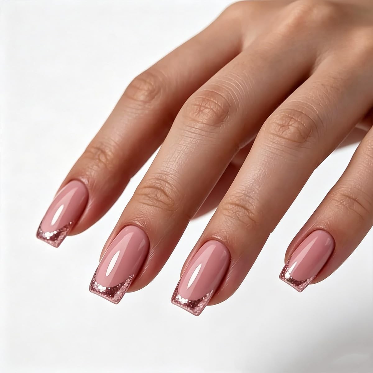 Press on Nails French Tip Fake Nails Short Square False Nails Pink Glitter Ac…