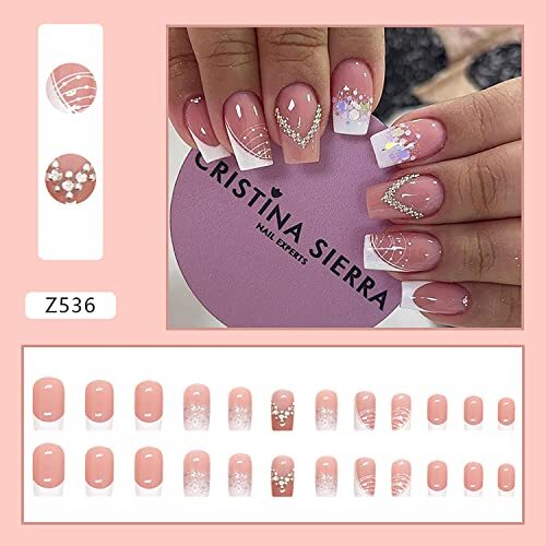 Pink Press On Nails Short Square, Coffin Shape Full Cover Reusable Rhinestones