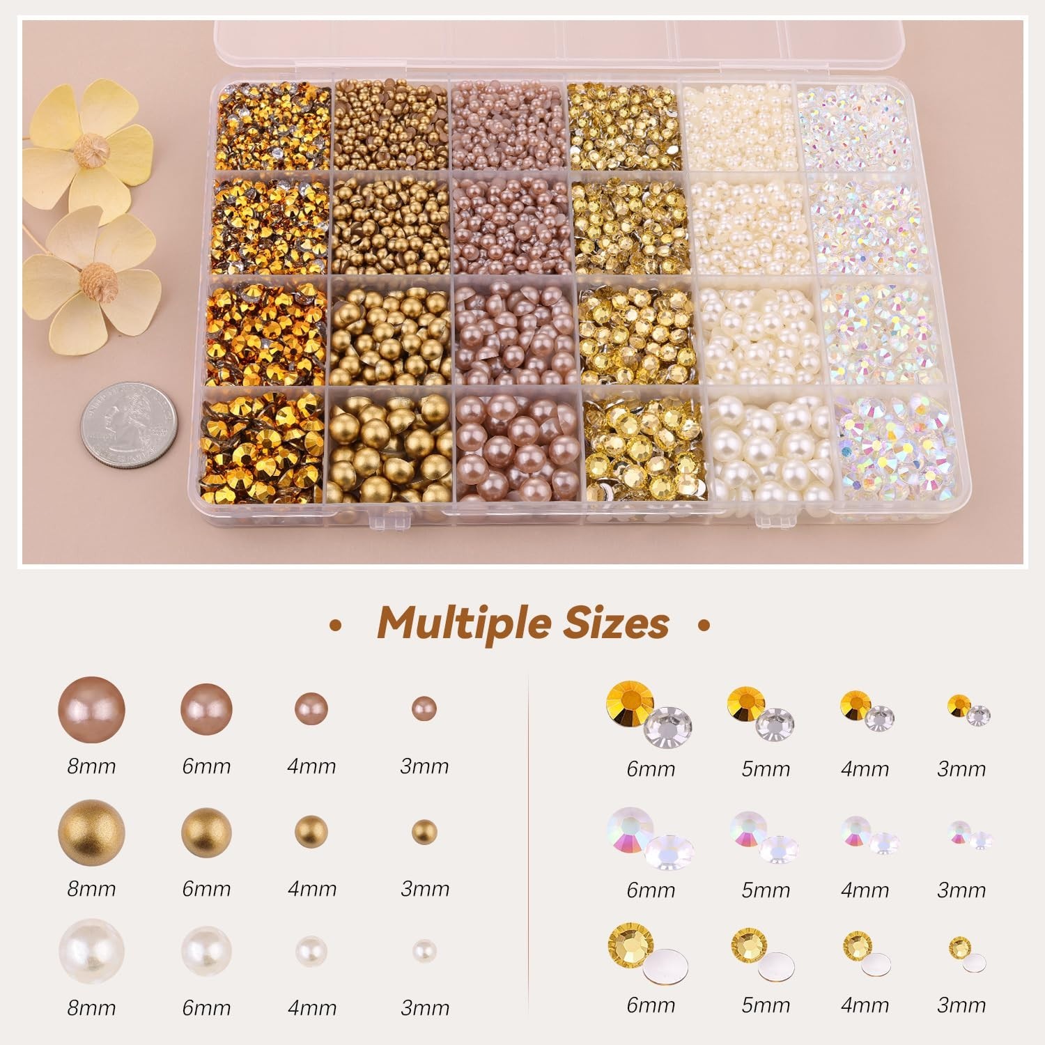 Mixed Size Flatback Pearls & Rhinestones Kit for Crafting, Nail Art, DIY Decor