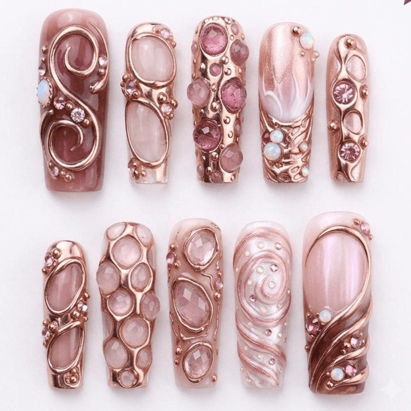 Pink Rosegold Handmade Press on Nails Gem Swirl Rhinestone Elegant Fake Nails