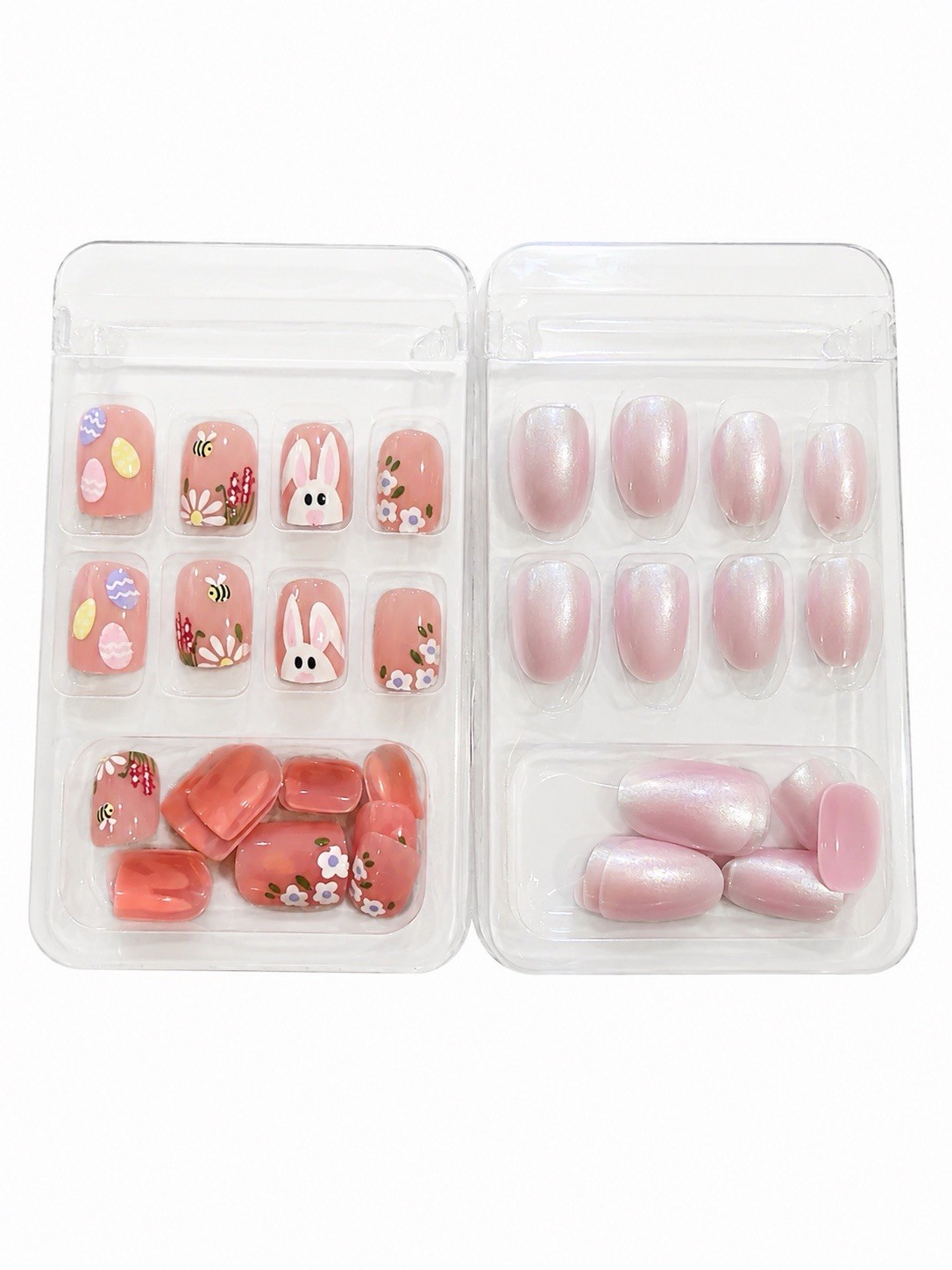 2 Pack summer Bunny Press On Nails Pink Glossy Fake Nails Reusable Full Set