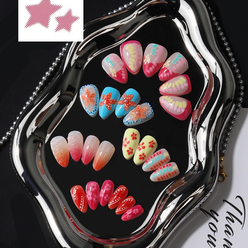 48 Pcs Fruit Floral Oval Press on Nails, Lovely Casual Summer Daily Fake Nails