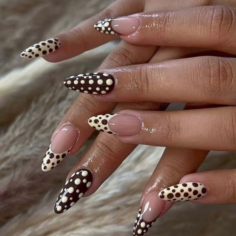 24Pcs Nudes Colored French Tip Press On Nail Dot Design ABS Multiple Sizes