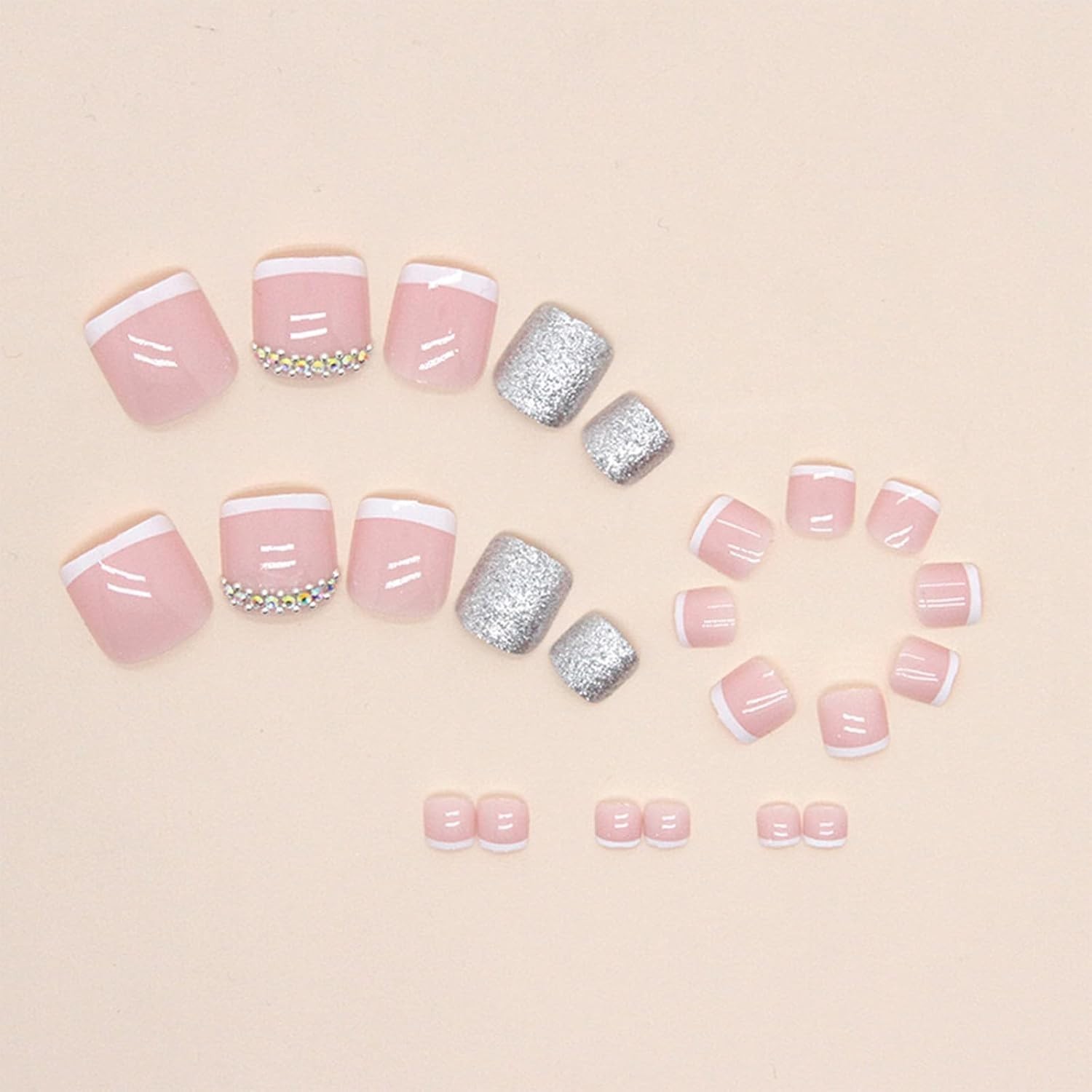 24 Glossy Press On Toenails with Rhinestone Designs – Perfect for Any Occasion
