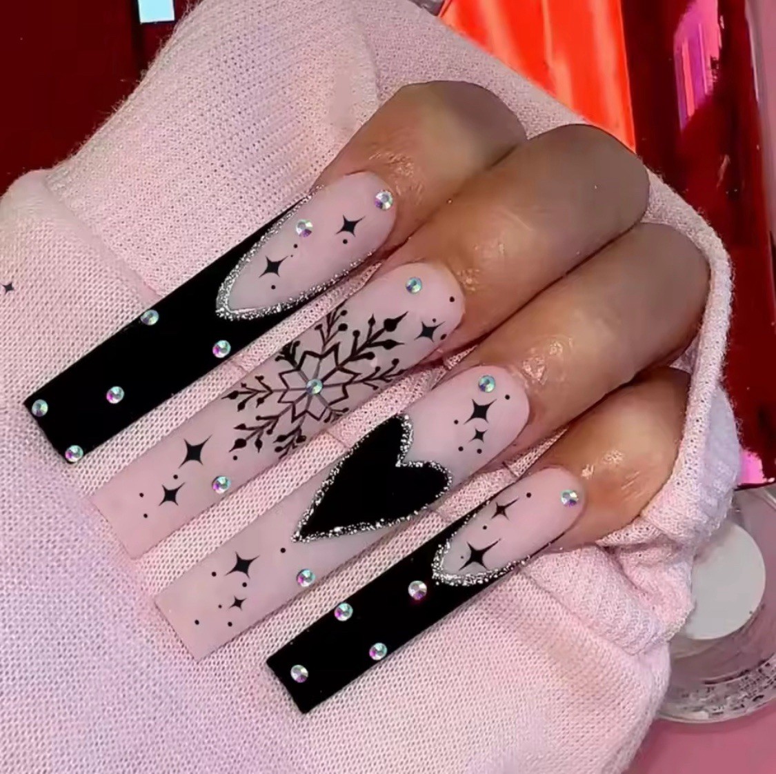 Long Coffin Pink White Silver Black Heart Press On Nail False Nail 24pcs