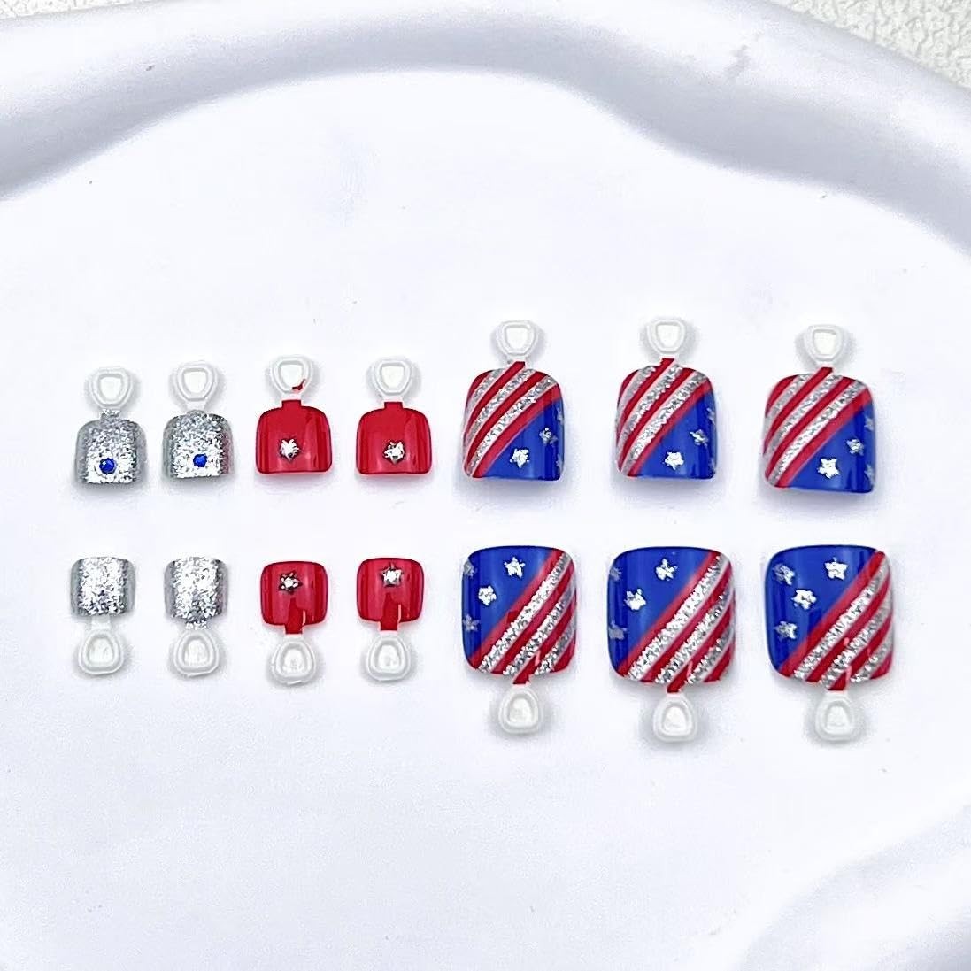 Independence Day Glitter Stripe Press-On Toenails Short Square False Toenails…