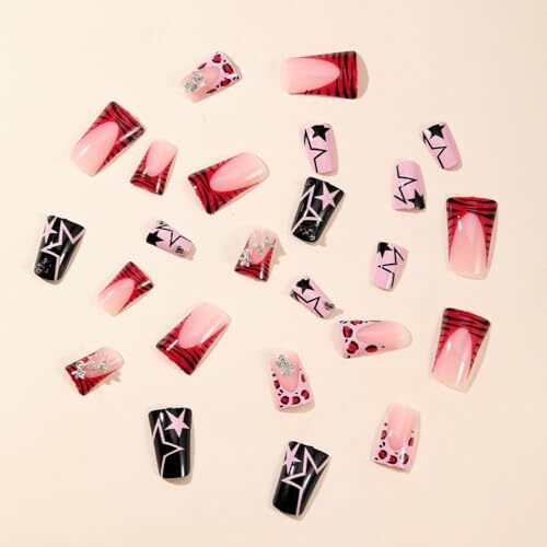 Medium Press on Nails Duck Silver Rhinestone Star Pearl French Tip Fake Nails