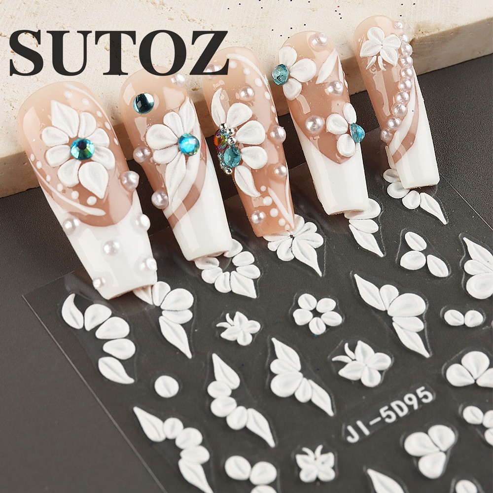 3D Flower Petal Embossed White Daisy Floral Nail Art Stickers Decor Slider NH29