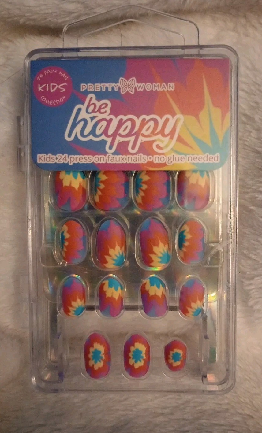 Pretty Woman Be Happy Tie Dye Kids Press On Nails