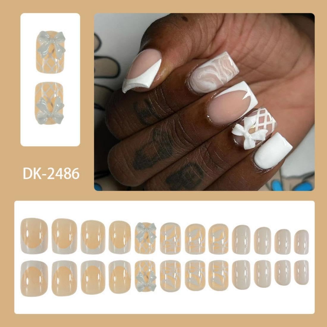 White French Tip Press on Nails Short Square Fake Nails with Design Bow Charm…