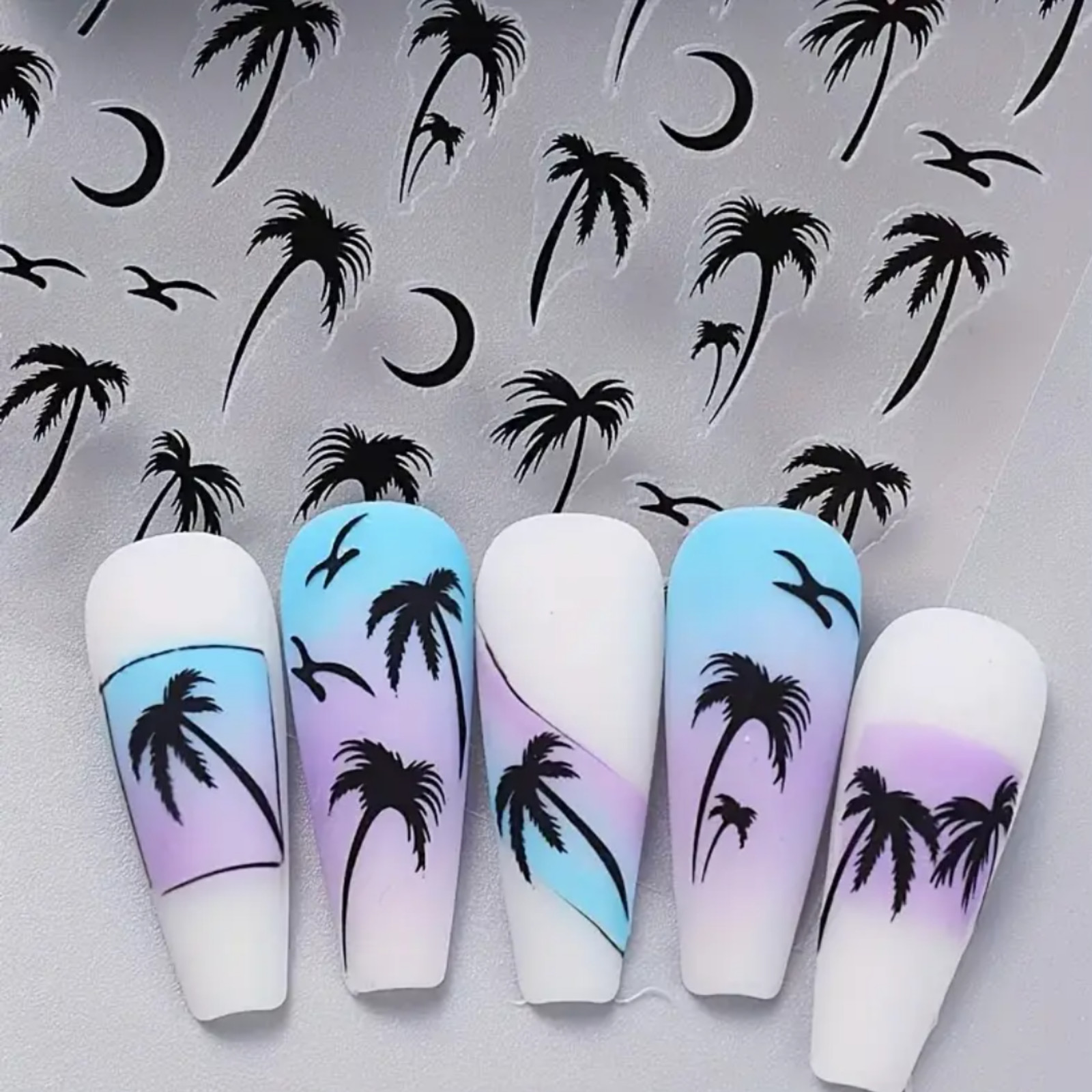 3D Palm Tree Nail Stickers – Tropical Beach Nail Art Decals – Sunset & Summer Na