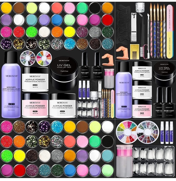 Acrylic Nail Kit Glitter Powder and Carving Powder Set Complete Practice Hand.