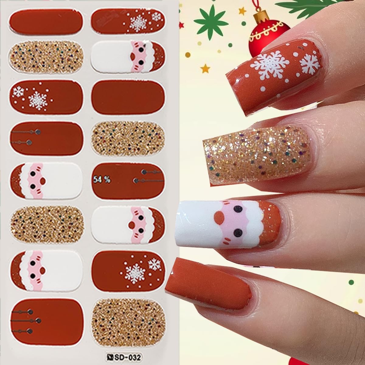6Sheets Christmas Nail Strips Christmas Tree Full Nail Wraps Stickers Santa C…