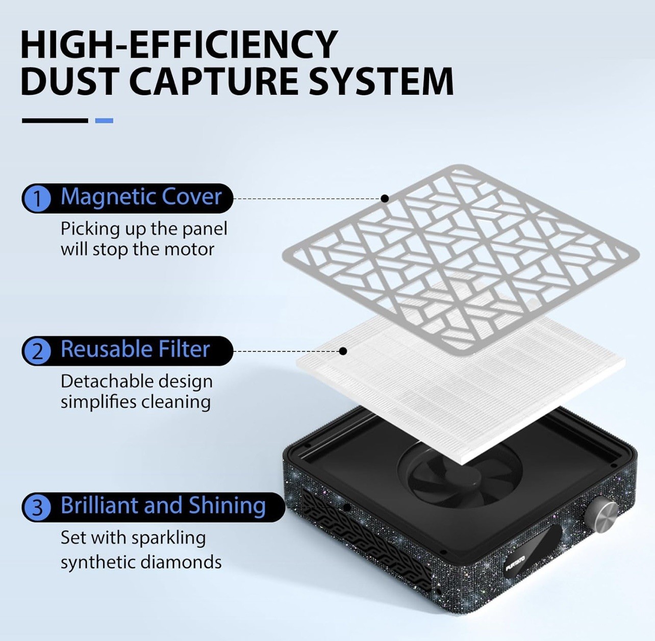 Nail Dust Collector Black Diamond HEPA Powerful Suction Salon Vacuum Bling