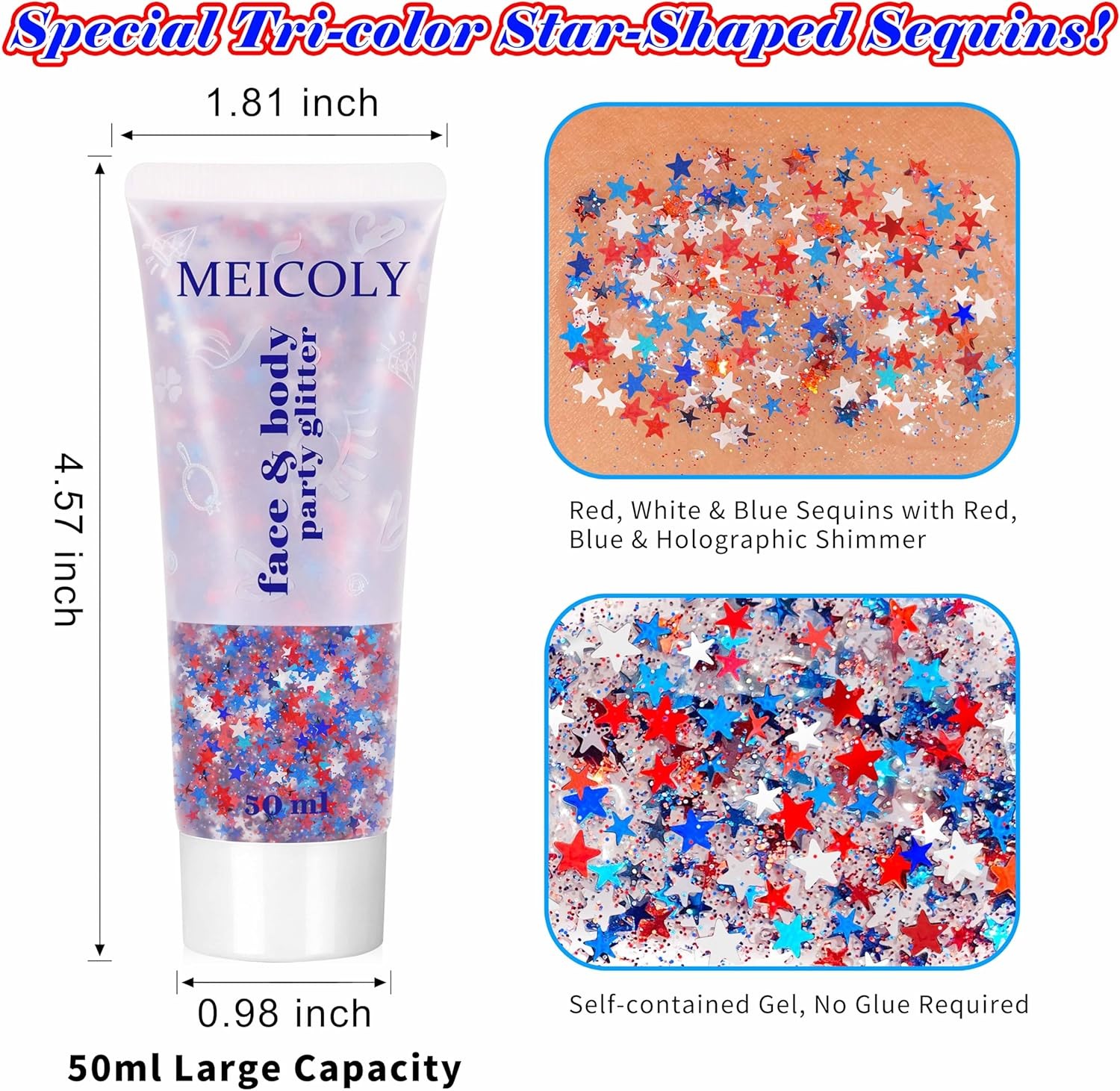 50g Star Shaped and Body Glitter Face Glitter Gel, Patriotic