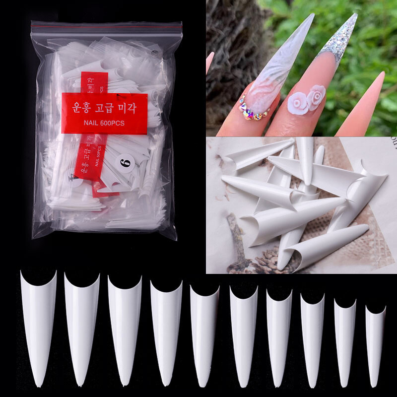 600Pcs/bag Nail Art Sharp Long Stiletto False Fake Nails Tips – Clear / Natural
