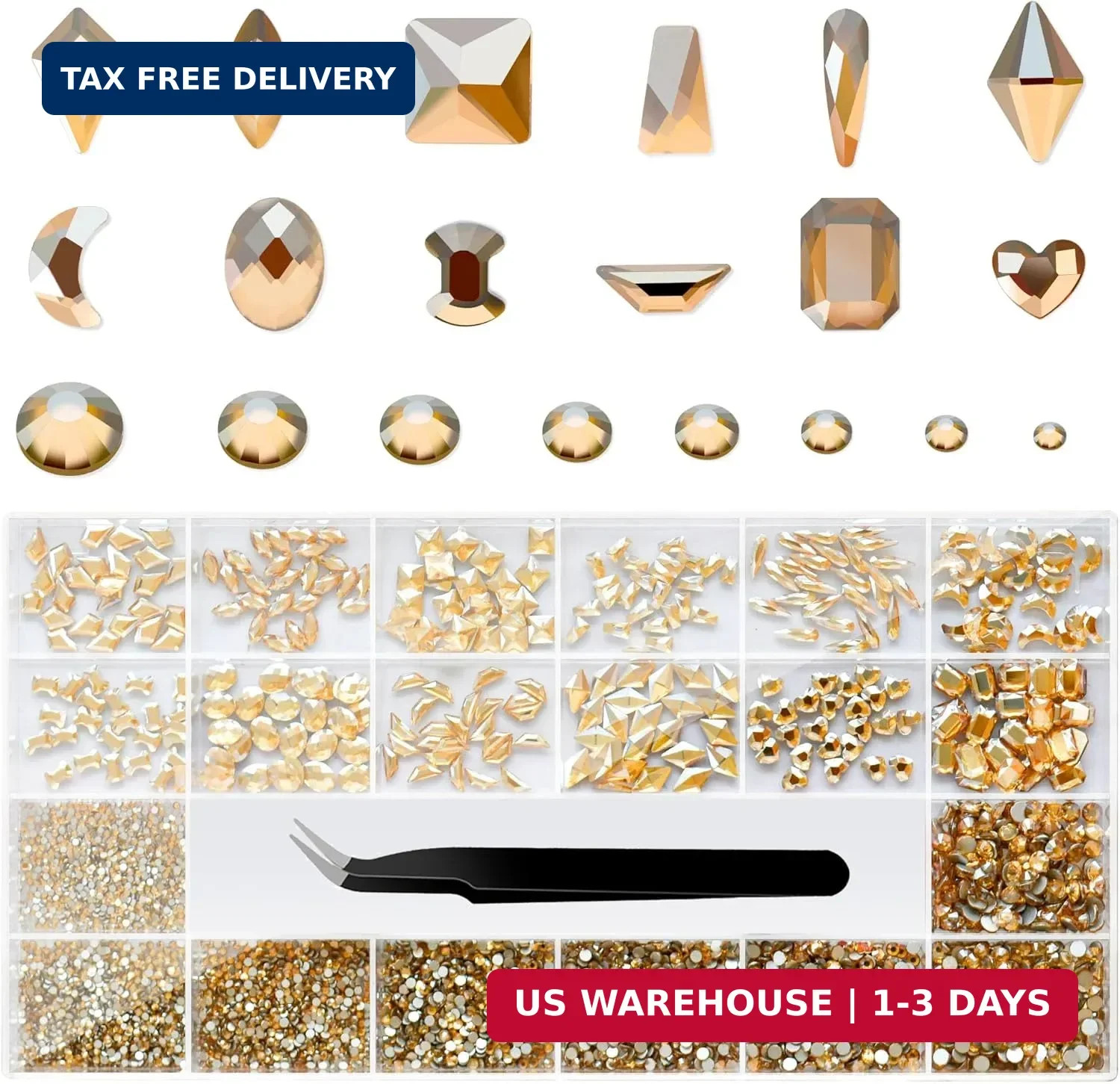 Nail Rhinestones Set, Multi Shapes Champagne Gold Rhinestones for Nails, Mixed S