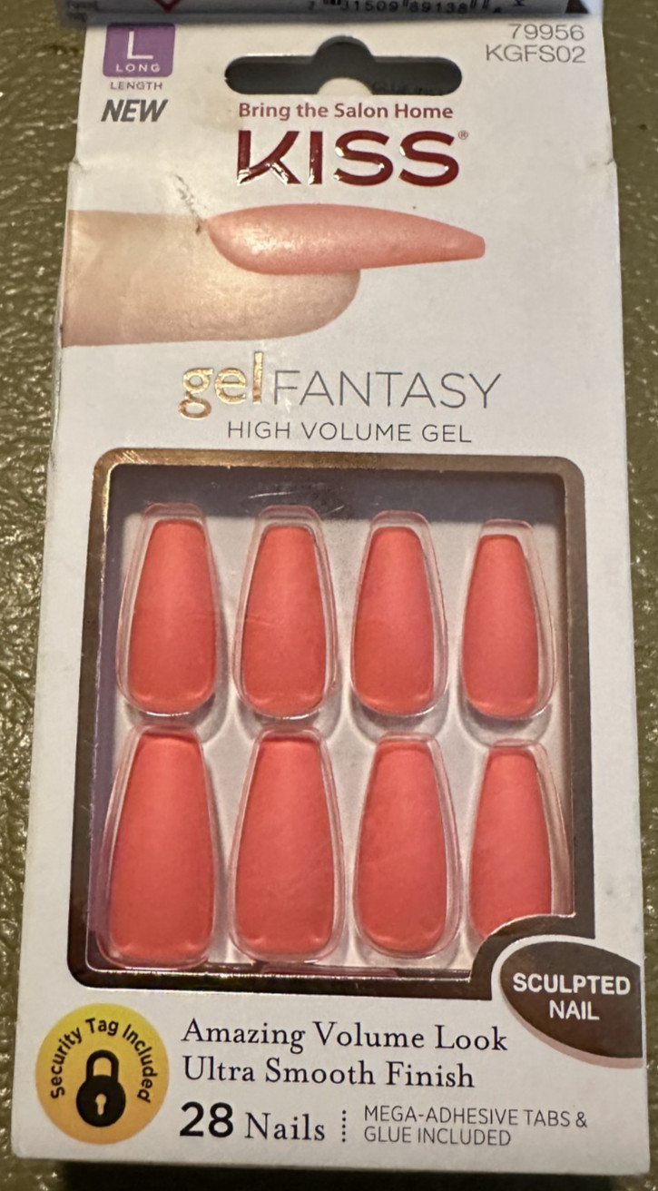 Kiss Nails Gel Fantasy Glue/Press on Long Pink Peach Coral Sculpted matte