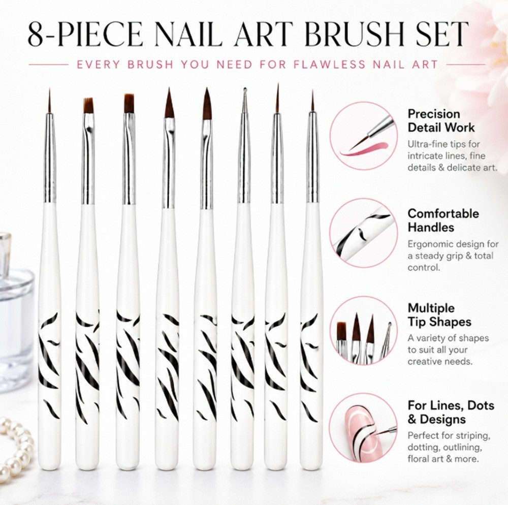 8-Piece Nail Art Design Brushes – Acrylic Gel Polish Painting & Drawing Pen Set