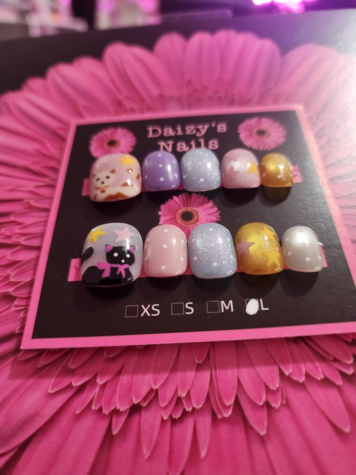 Large Size Cat Dot Star Press-on Nail Set Handmade Square Round 1.5 Cm Length