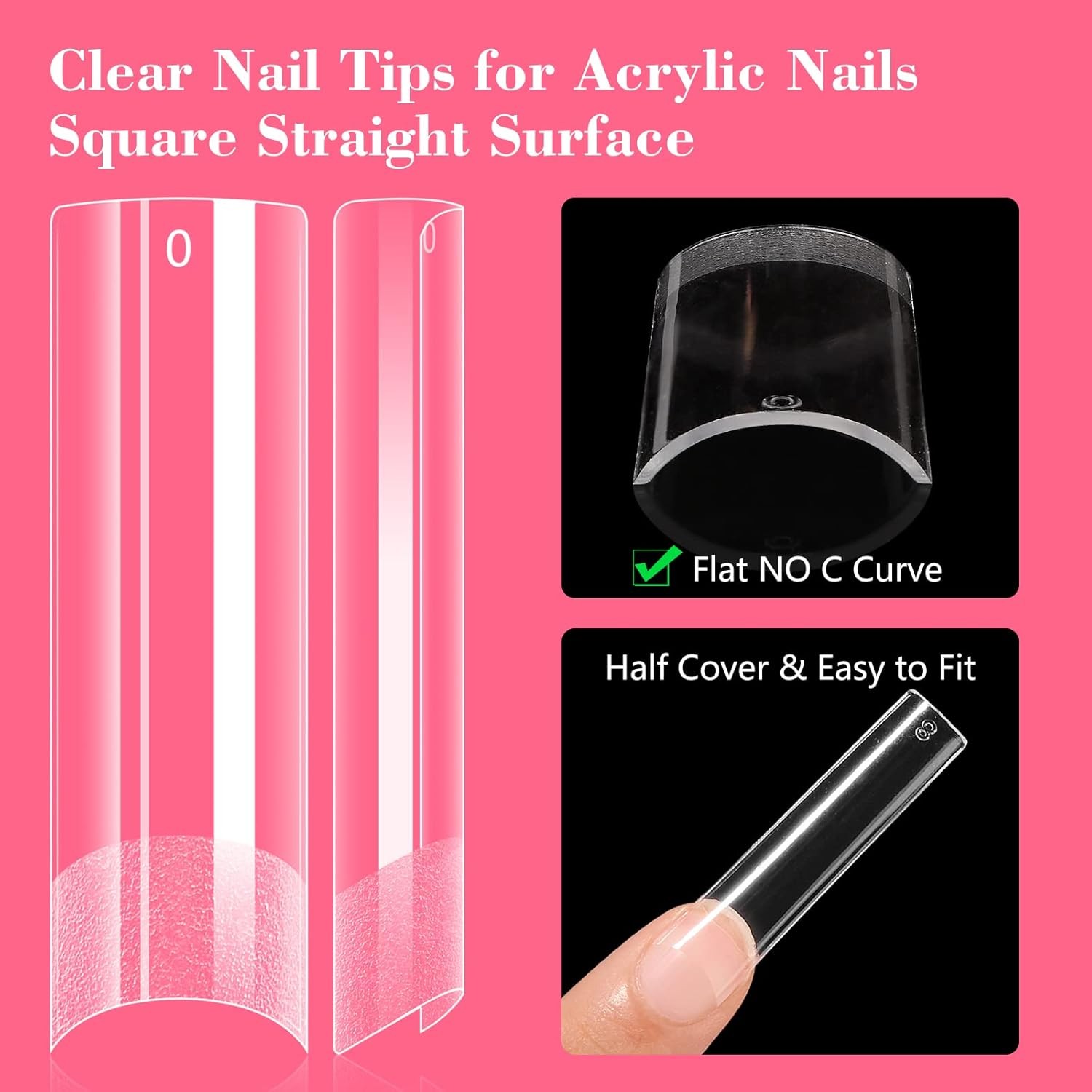 Lionvison Square Nail Tips NO C Curve, XL Clear Tip for Acrylic