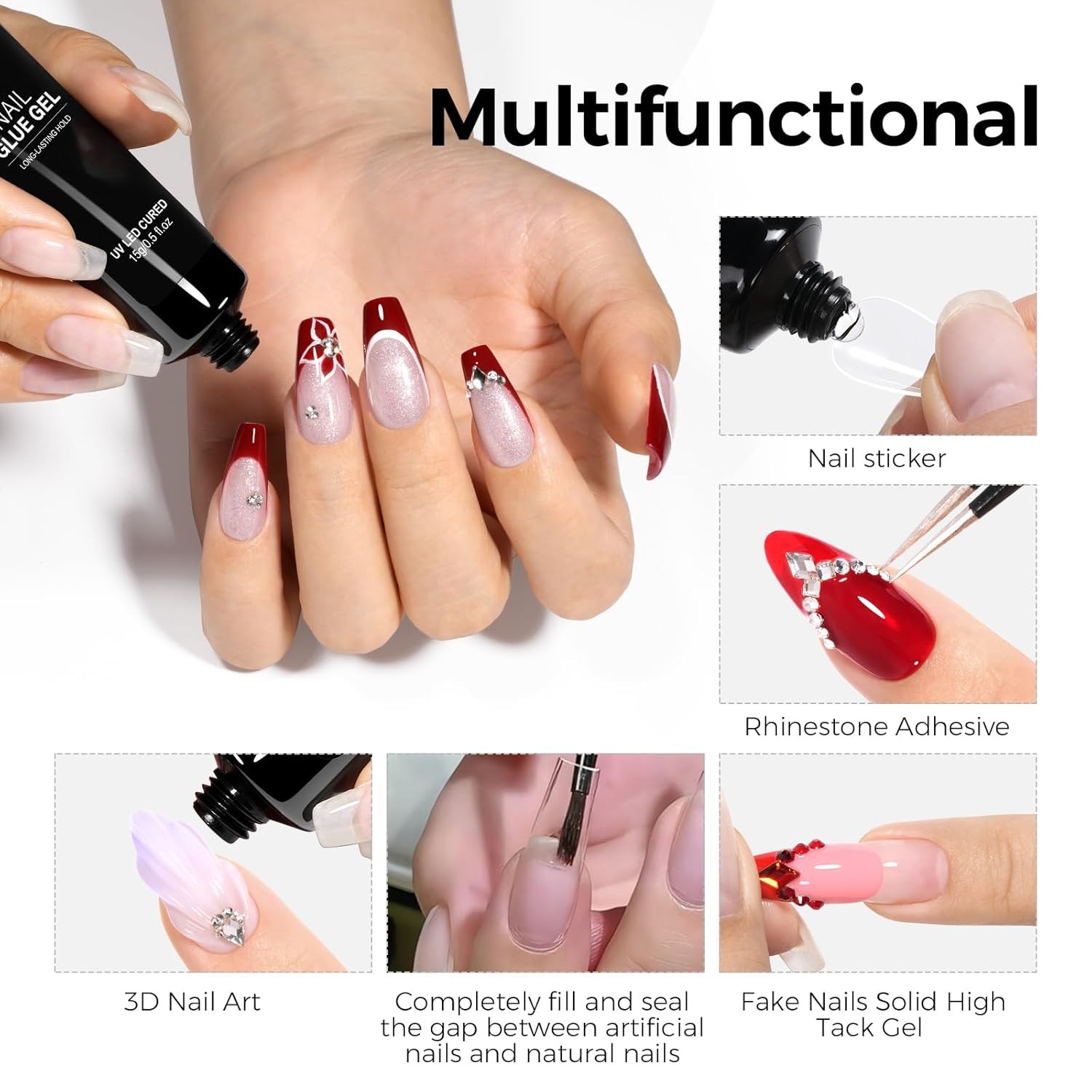 Solid Nail Glue Gel, 15g Long Lasting Strong Adhesive No-Stick Hands for Nail Ti