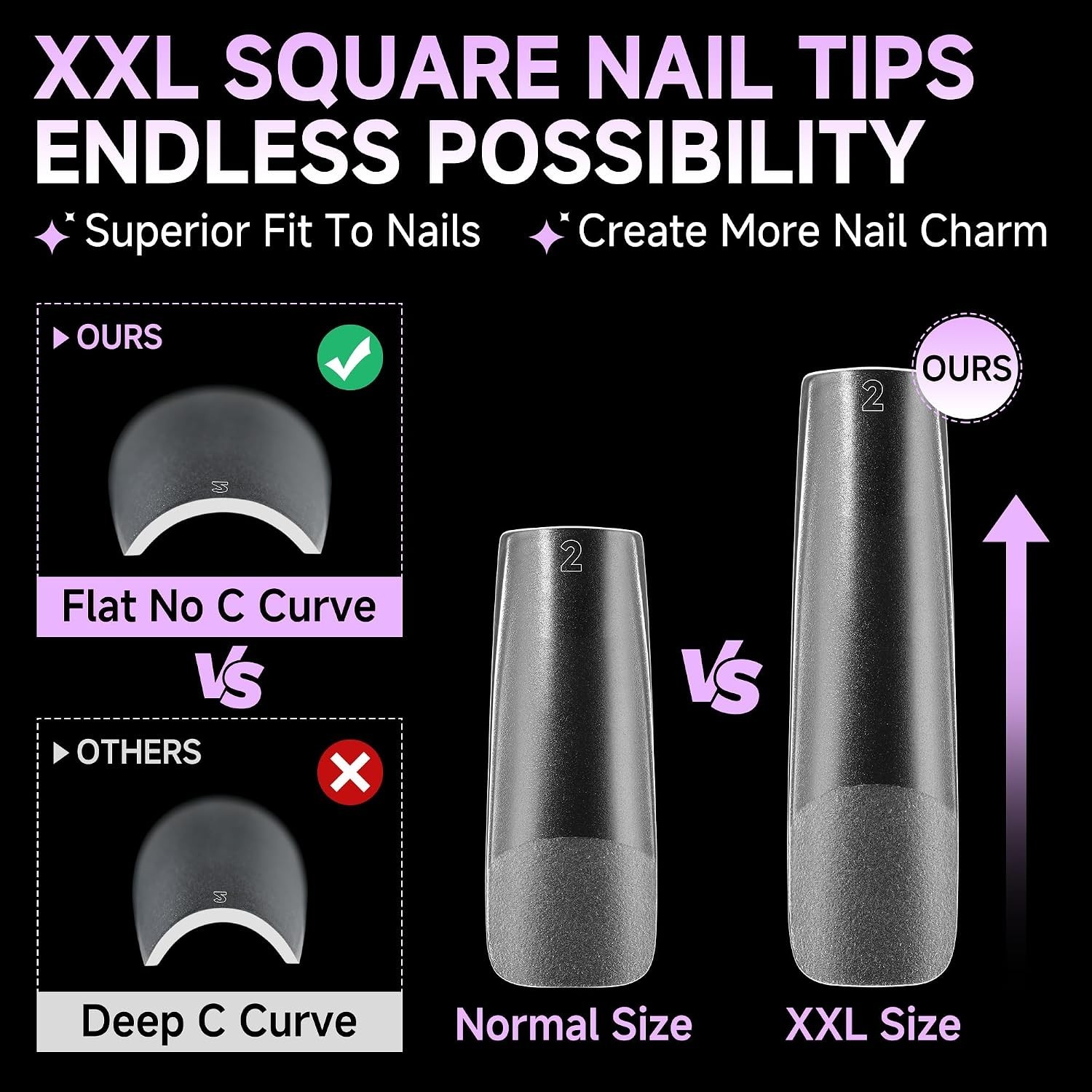 216pcs XXL Extra Long Square Nail Tips – No File, Full Cover Matte Gel