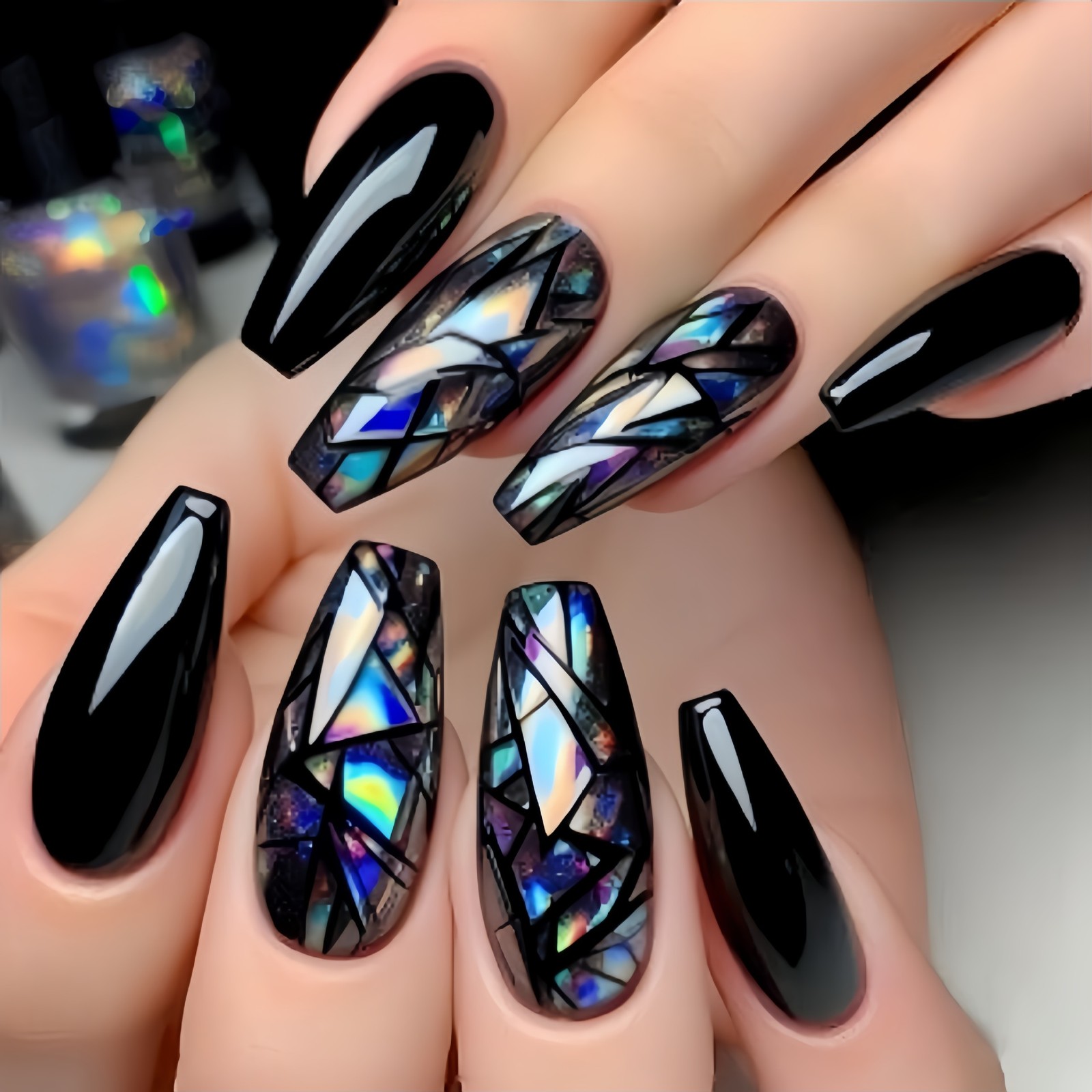 48Pcs Black Silver Press on Nails Iridescent Glitter Art Shiny Glam Fake Nails