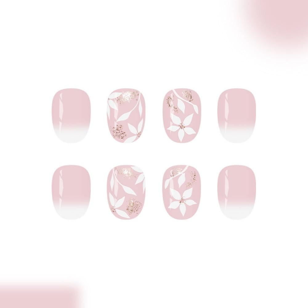 Flower Press on Nails Short Oval Fake Nails with Glitter Design Glossy Ombre