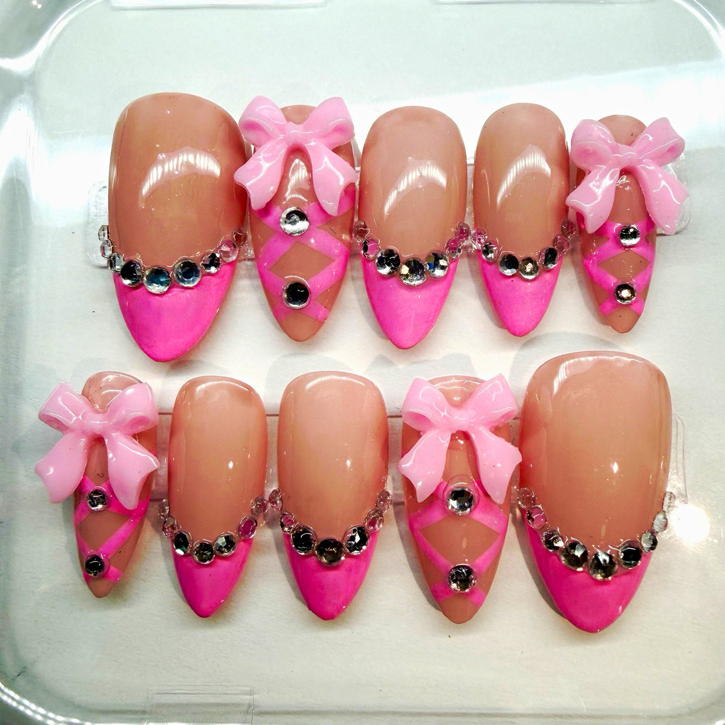 Handmade Pink & Beige Bow 3D Rhinestone Almond Medium Press-On Nails Set