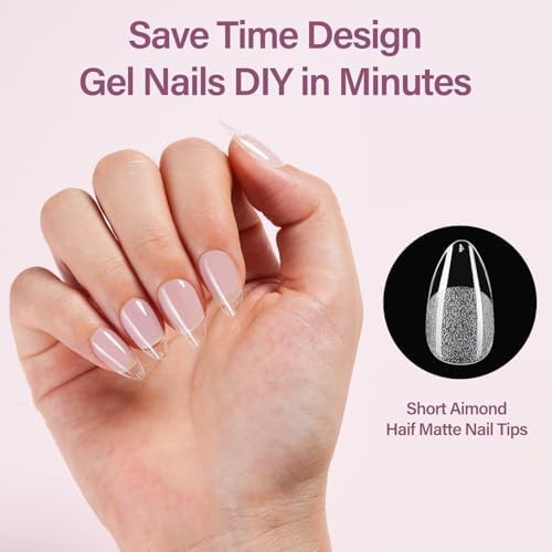 Misssix Short Almond Gel Nail Tips Kit, 216Pcs Pre Etched Clear Fake Nails, Full