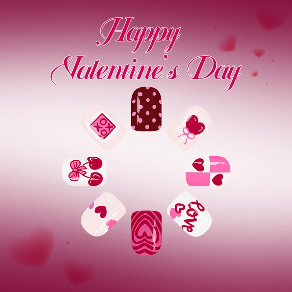 24Pcs Valentines Day Press on Nails Short Square Pink Balloon Heart Design A03