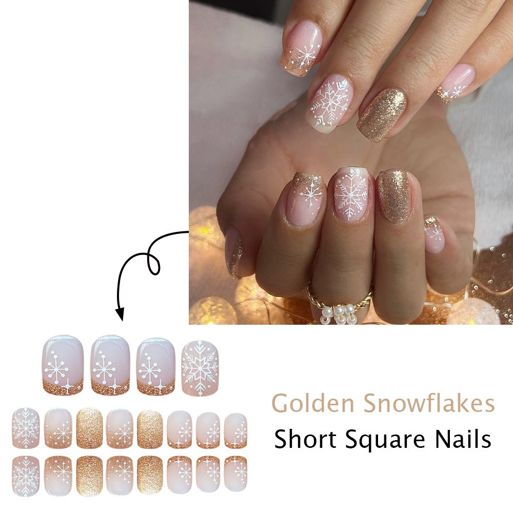 48pcs Festive Christmas Pink Snowflake Press On Nails Glitter Wearable Nail Art