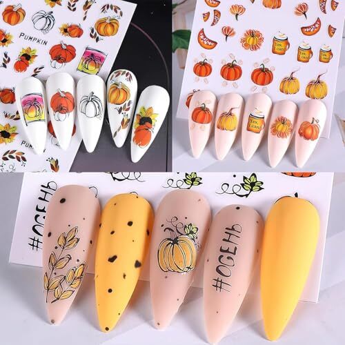 8Sheets Fall Nail Art Stickers Autumn Pumpkins Fallen Leaves 3D Style- Decal J