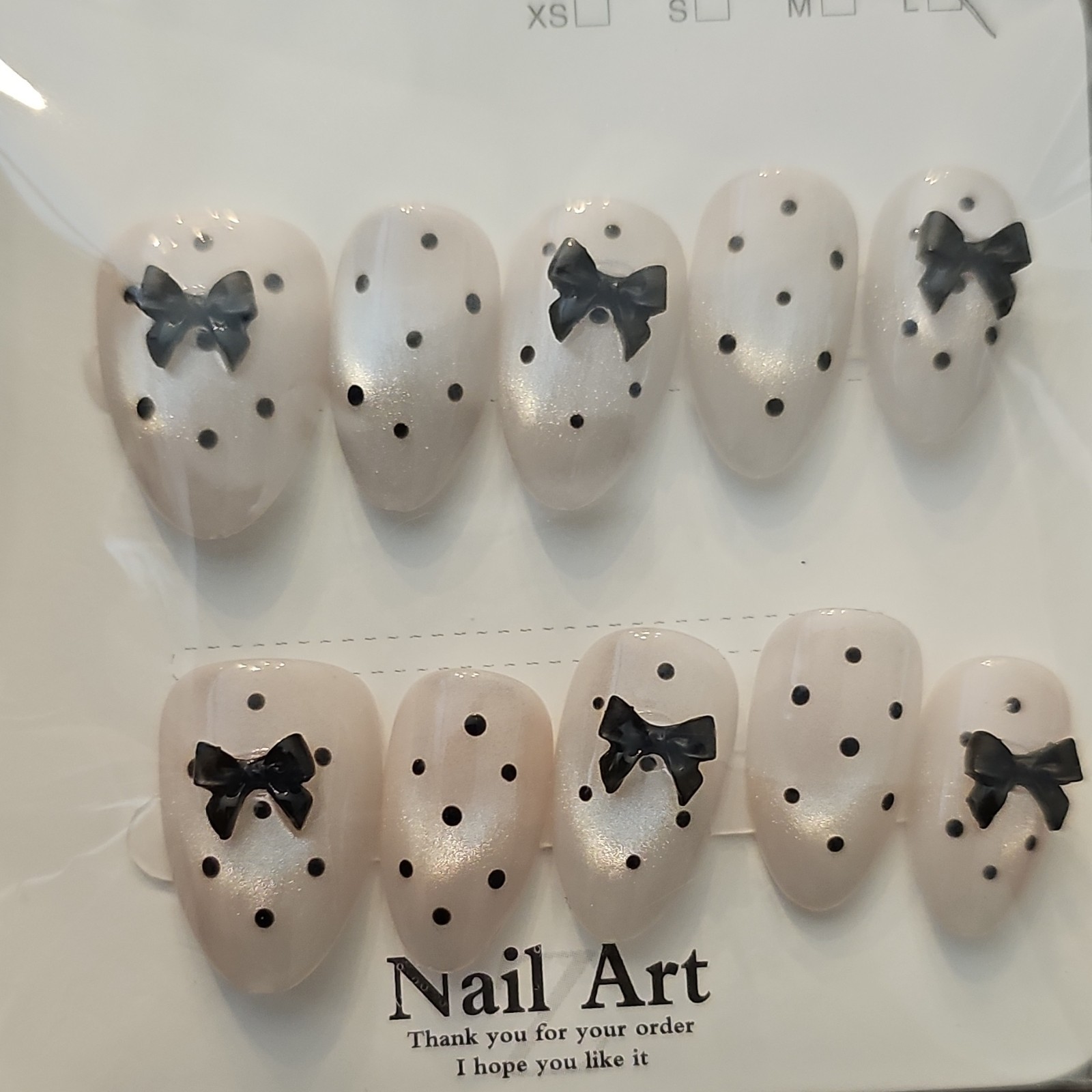 Press-On Nails Medium Almond Shiny Beige/Black Polka Dot Bow Pre-Designed Set