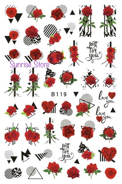 3D Nail Art Sticker 119 Red Rose Flower Leaf Heart Floral Decals Manicure DIY