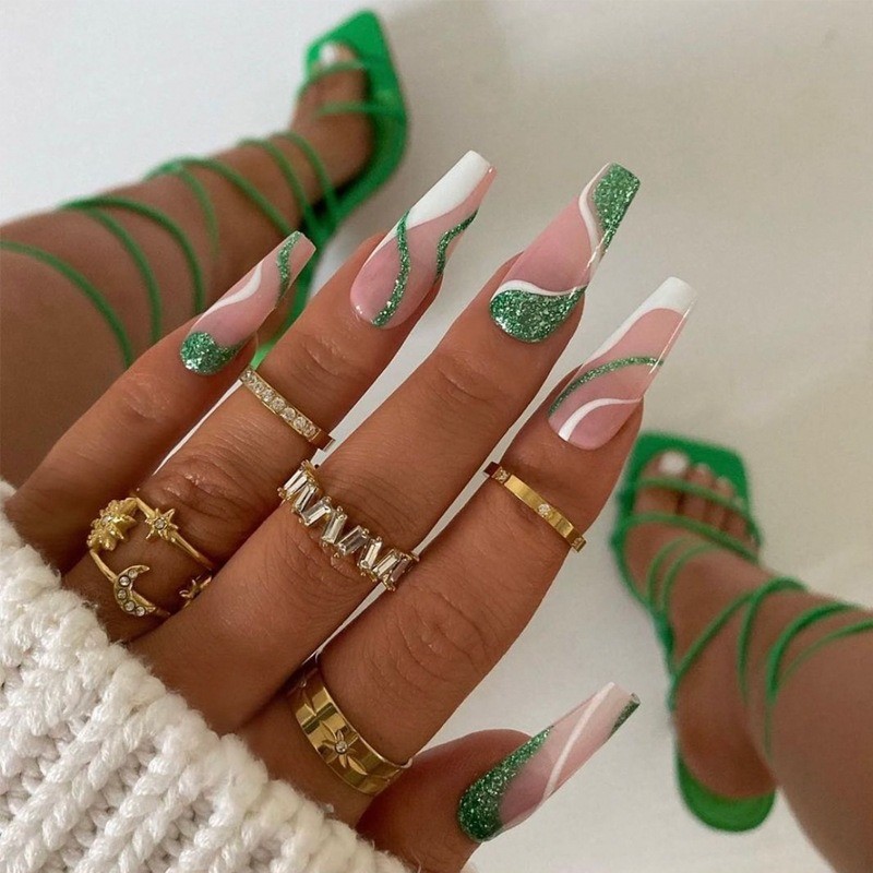 48pcs-Nude Nails with Green Glitter Accents, White Tips and Modern Swirl Design